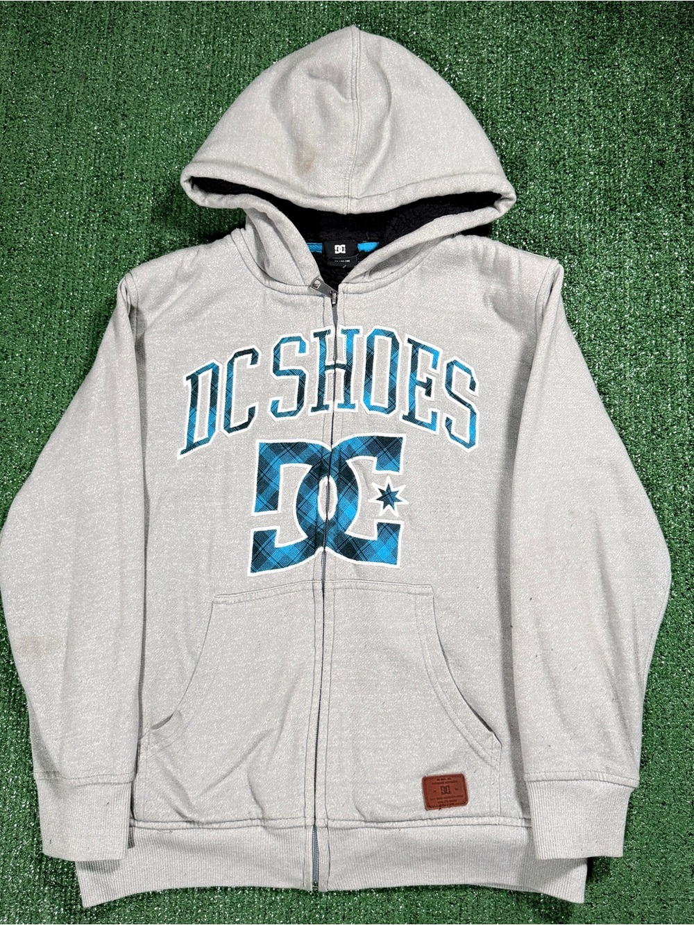 Womens DC Shoes Full Zip Hoodie Gray Blue Plaid Logo Y2K Skateboard Medium